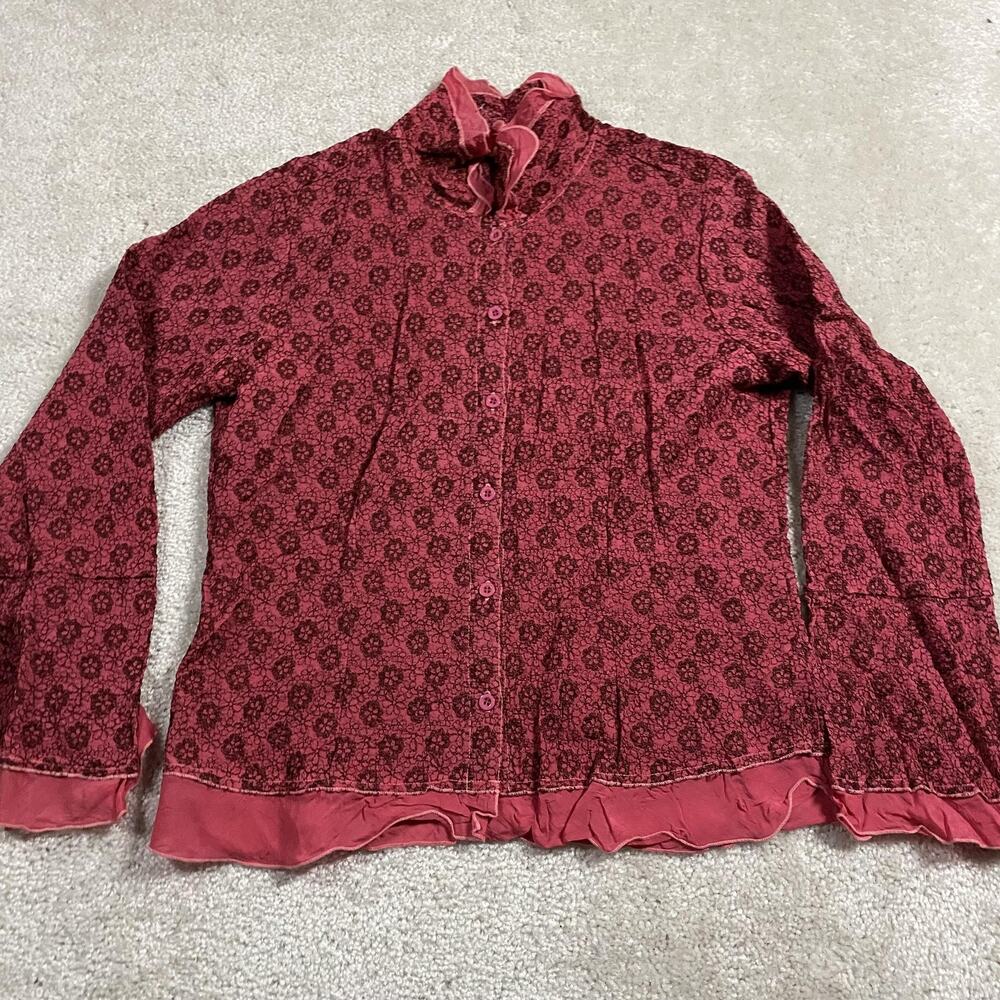 J. Jill Blouse Womens M Red Ruffle Lace Button Front Long Sleeve Boho Trim